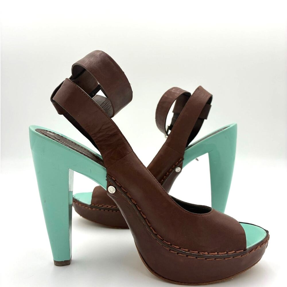 37 Celine Vintage Brown Leather Slingback Platform Heels